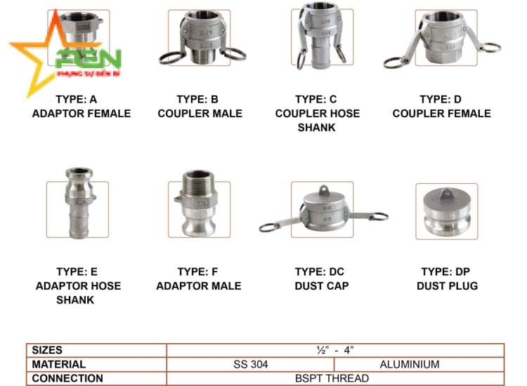 Khớp nối Camlock bằng thép không gỉ 304 & nhôm BSPT ARITA/ARITA SS304 & Aluminium Camlock Coupling BSPT